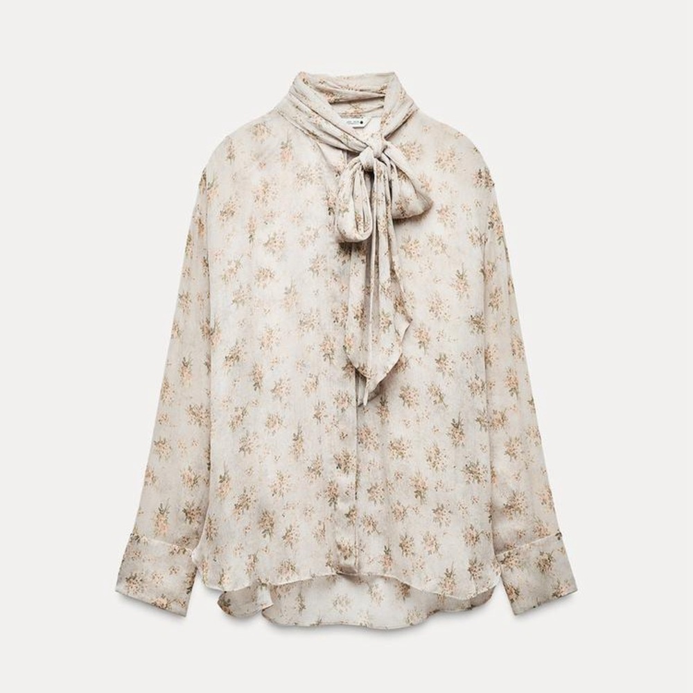 Zara Floral Sheer Blouse with Bow Tie